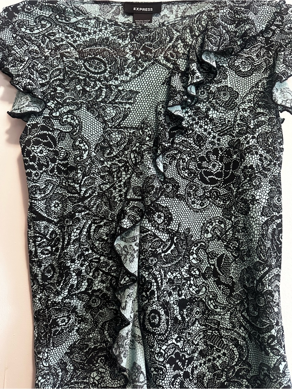 Express Mint and Black Lace-Print Ruffle Shell - Picture 2 of 4